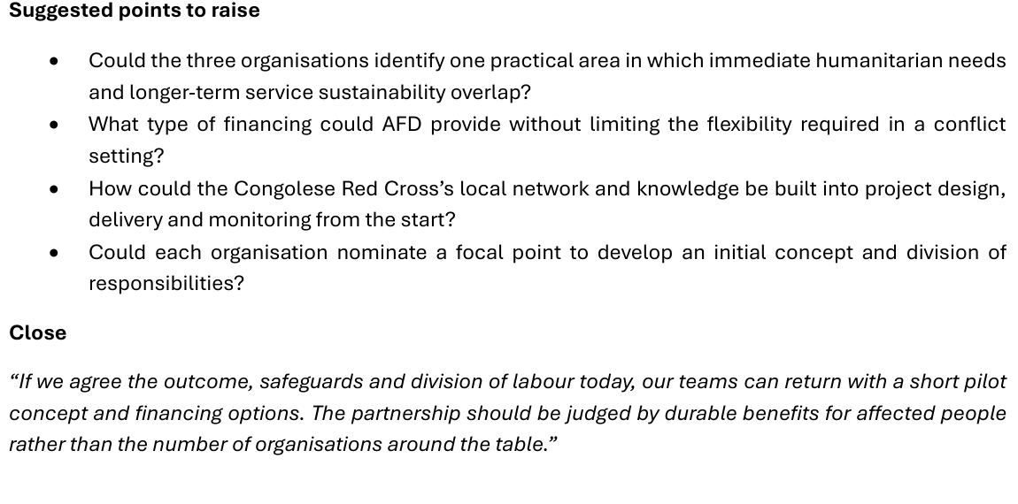Original briefing excerpt showing suggested meeting questions and the proposed close