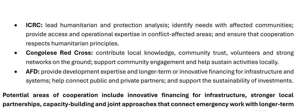 Original briefing excerpt outlining the complementary roles of ICRC, the Congolese Red Cross and AFD