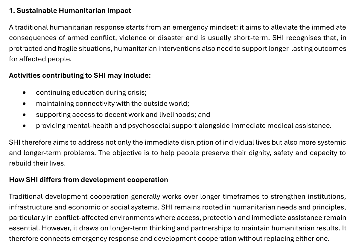 Original briefing excerpt defining Sustainable Humanitarian Impact and distinguishing it from development cooperation